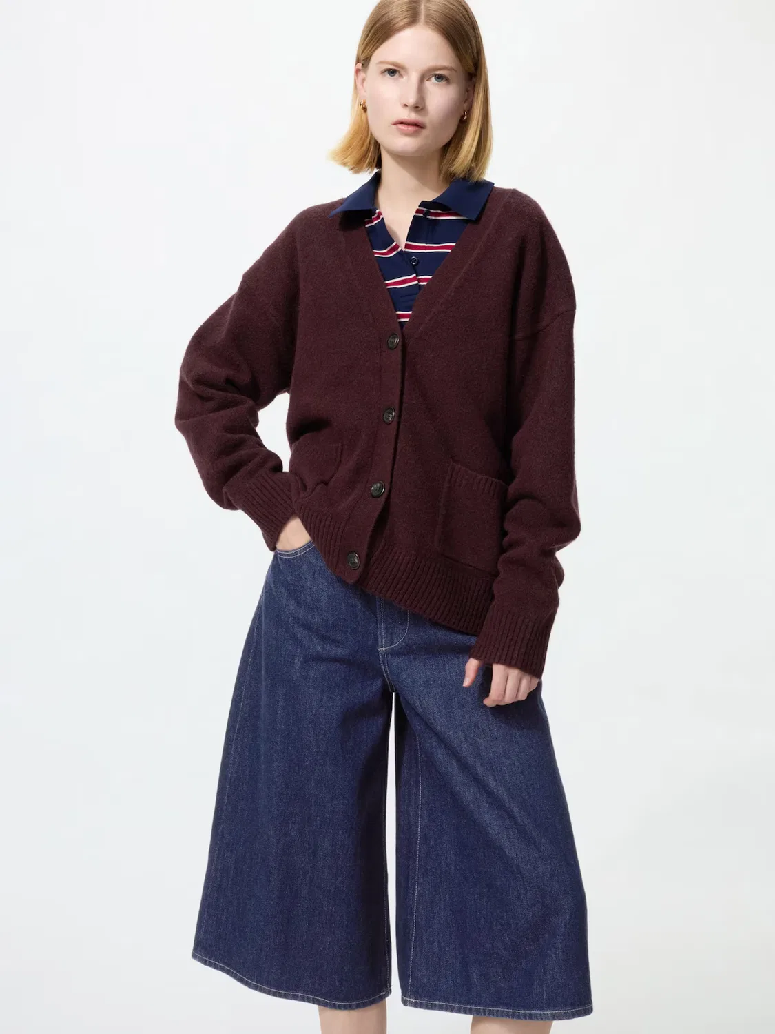 Кардиган Uniqlo, свободный, из пряжи Суфле, бордовый