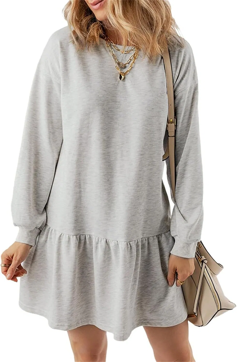 Женское платье-свитшот оверсайз Casual Patchwork Crewneck Fall Dresses, Light Gray