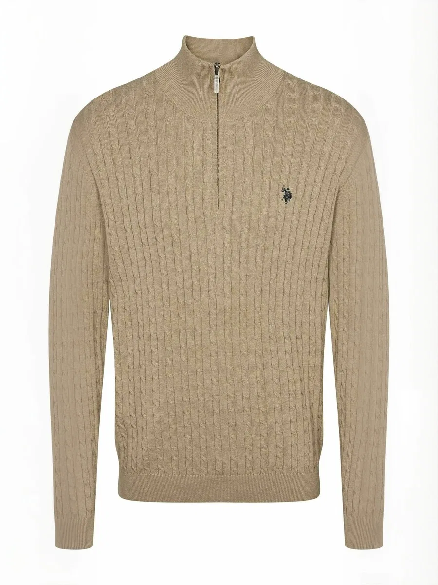 Свитер U.S. POLO ASSN. 'UMRomeo Half-zip' в бежевом цвете с пятнистым рисунком