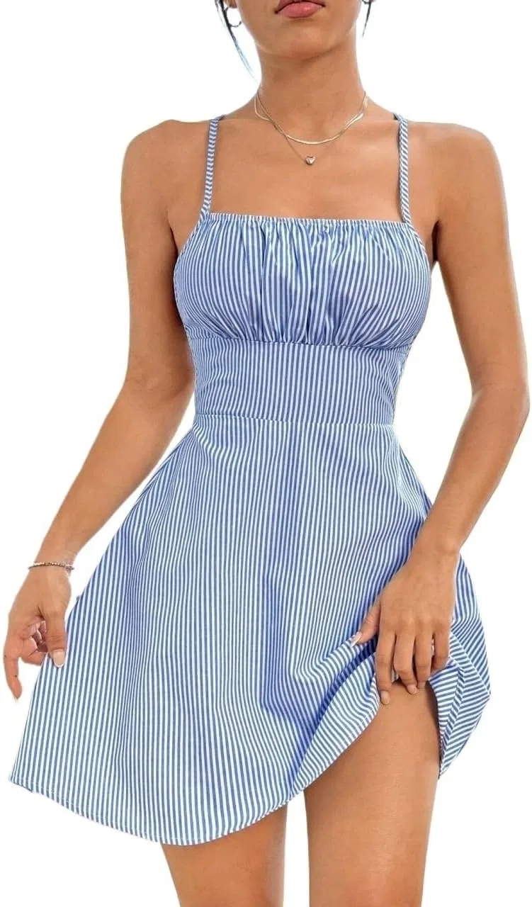 Женское летнее платье мини с открытой спиной A-line, Blue/White — фото 3