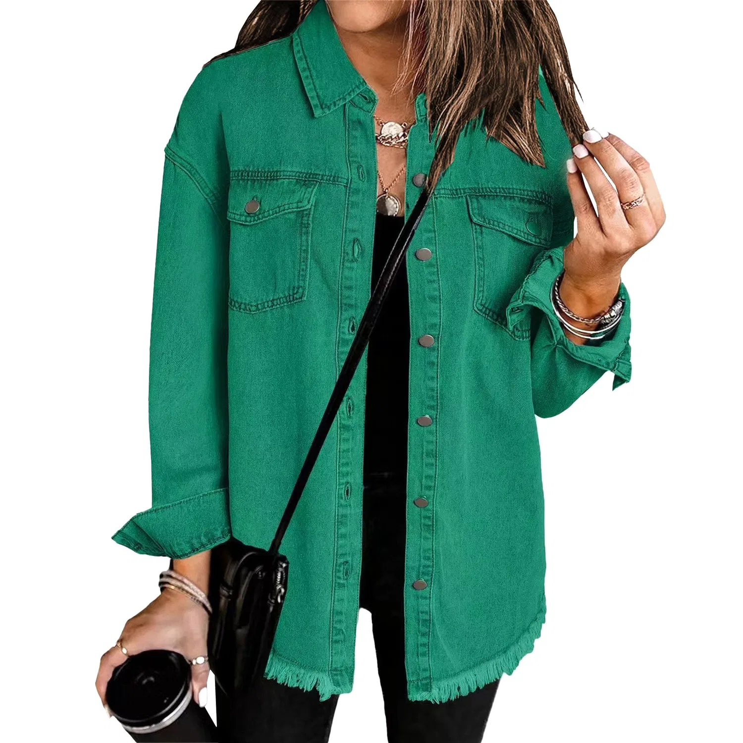 Женская джинсовая куртка oversize с длинным рукавом, 2025 Y2K Trendy, Verde scuro