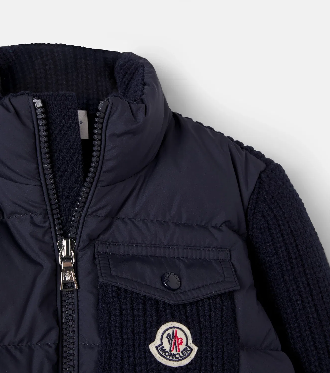 Вязаная куртка из шерсти и кашемира с пуховыми вставками Moncler Enfant, синий — фото 4