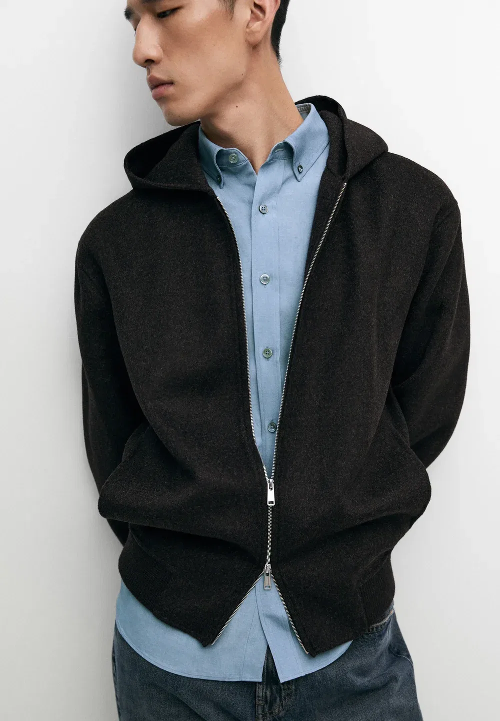 Куртка-Кардиган с капюшоном из двойной вязки из шерстяной смеси Massimo Dutti, Dark Grey — фото 4