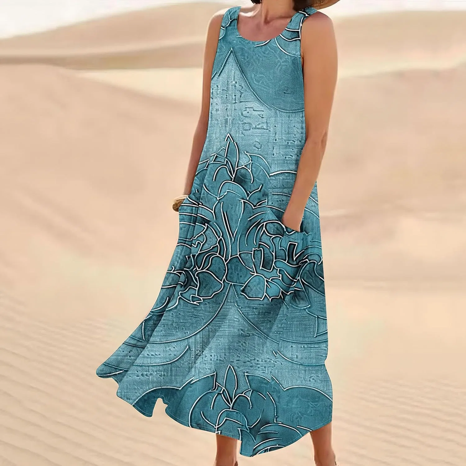 Женское летнее платье без рукавов с принтом, Comfort Cotton Linen, C Sky Blue — фото 2