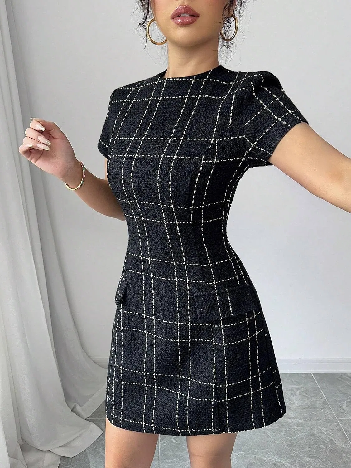 Женское элегантное мини-платье с запахом Plaid, Black — фото 4