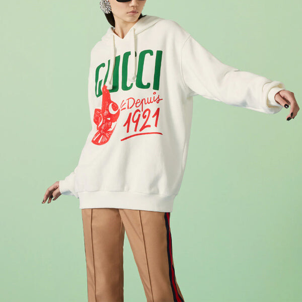 Толстовка (WMNS) Gucci Cotton jersey hooded sweatshirt with Gucci Depuis 1921 cat print 'White', белый — фото 2