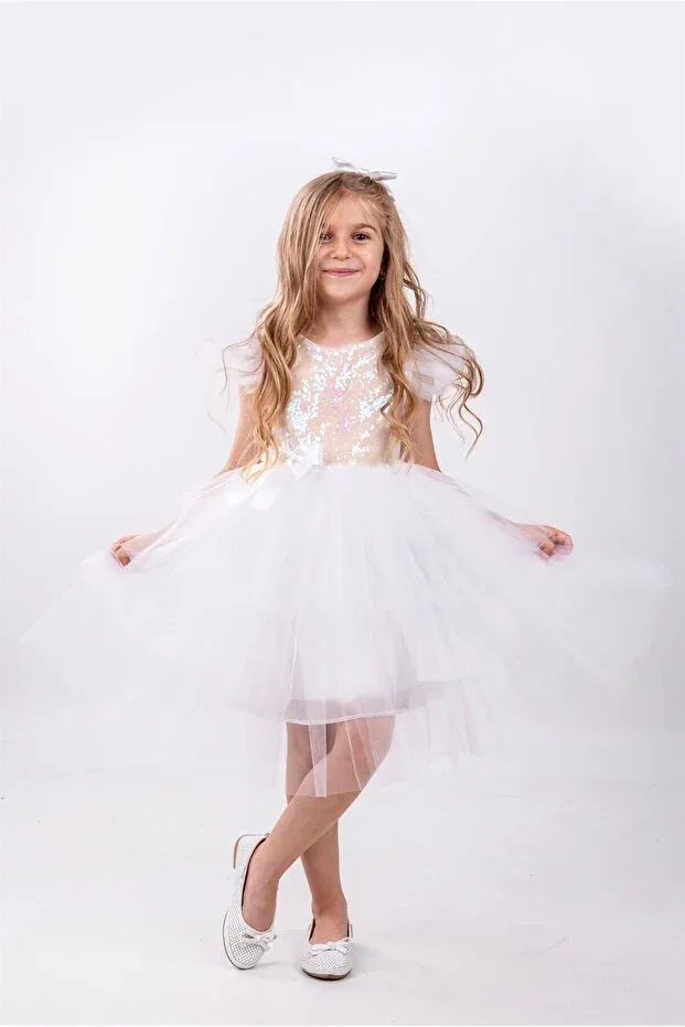 Детское платье для девочек с пайетками Buse&Eylül Bebe, White — фото 4