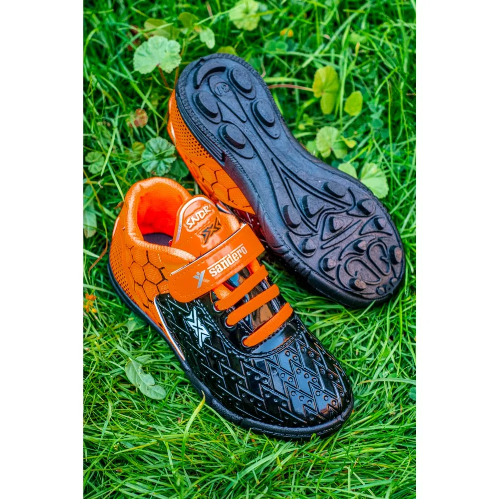Детские футбольные бутсы для мальчиков для зала с шнуровкой, Black Orange Zenege — фото 3