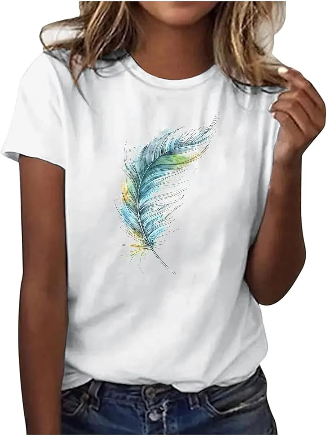Женская футболка с принтом перьев Crew Neck Short Sleeve, Mint Green