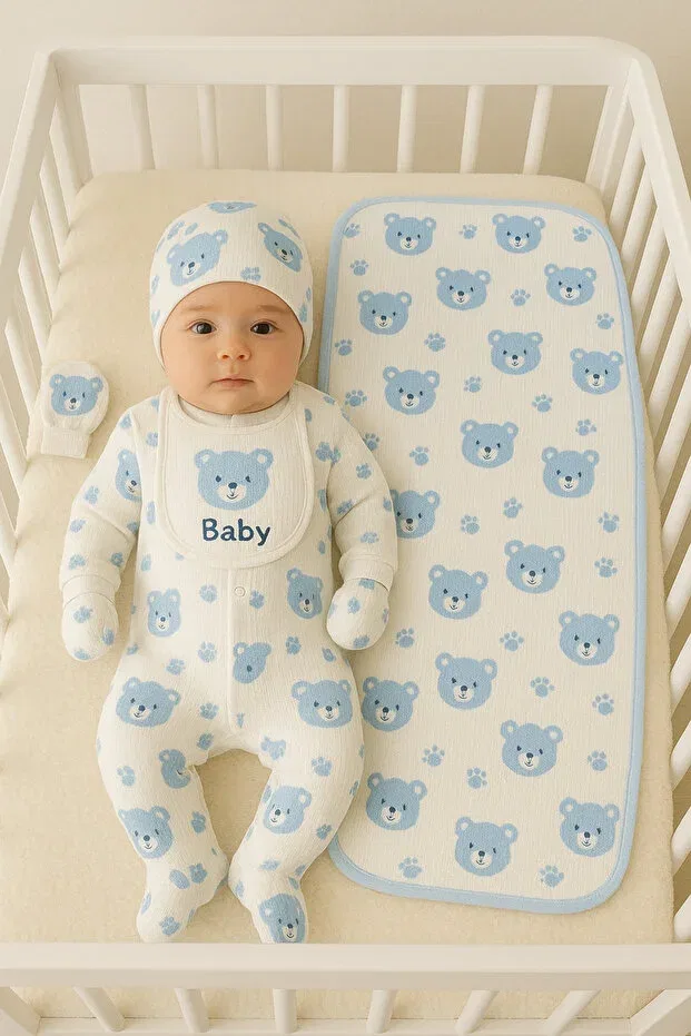 Детский комплект для новорожденных с принтом Blue Baby Teddy Bear Anne Dokunuşu Gibi Kuzum Bebe, Ekrumickey — фото 4