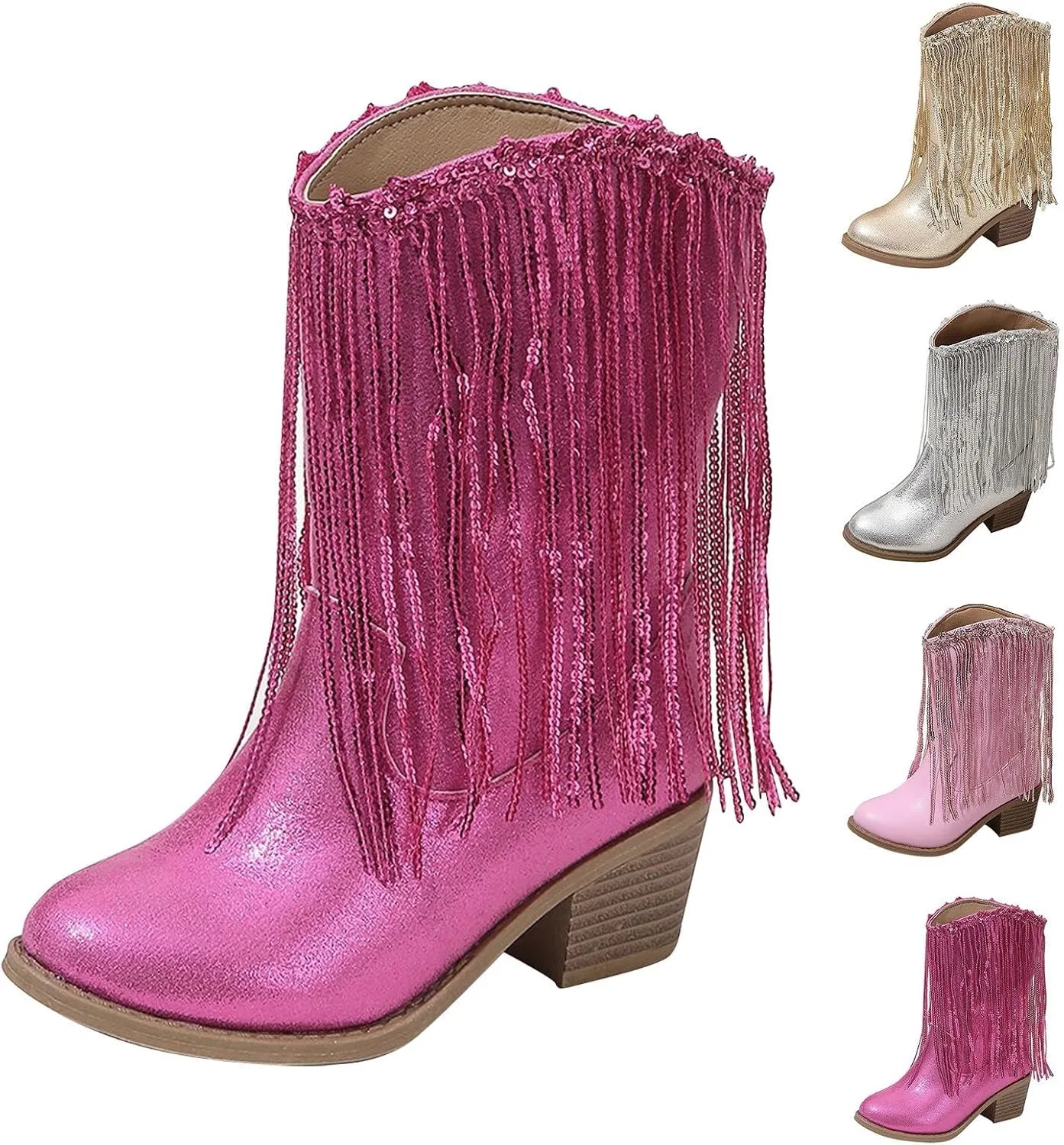 Детские сапоги для девочек с бахромой и стразами Cowboy Boots for Girls Fringe Western Rhinestone Sparkly Chunky Heel Tassle Mid Calf Kids Pointed Toe Riding Boots, Pink