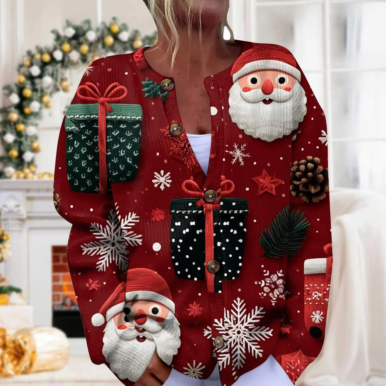 Женский зимний кардиган с праздничным принтом, 7-rosso — фото 2