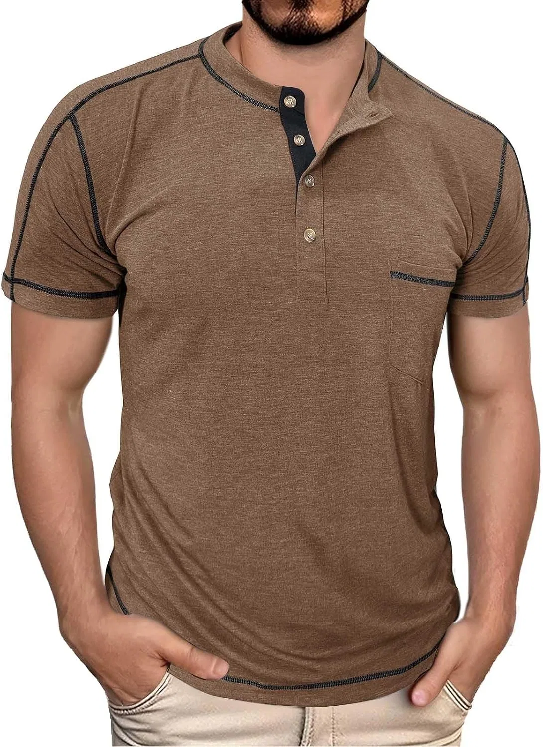 Мужская футболка с контрастным дизайном Short Sleeve Round Neck, Khaki