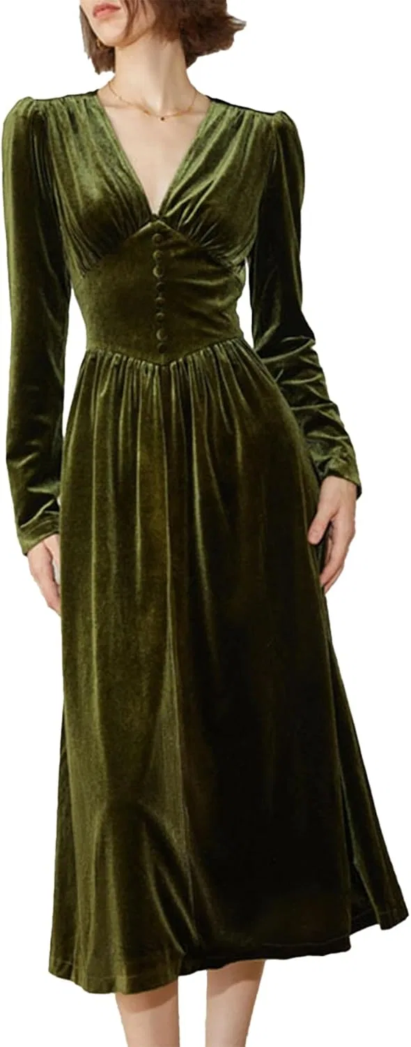 Женское бархатное платье макси с V-образным вырезом, Velvet Green