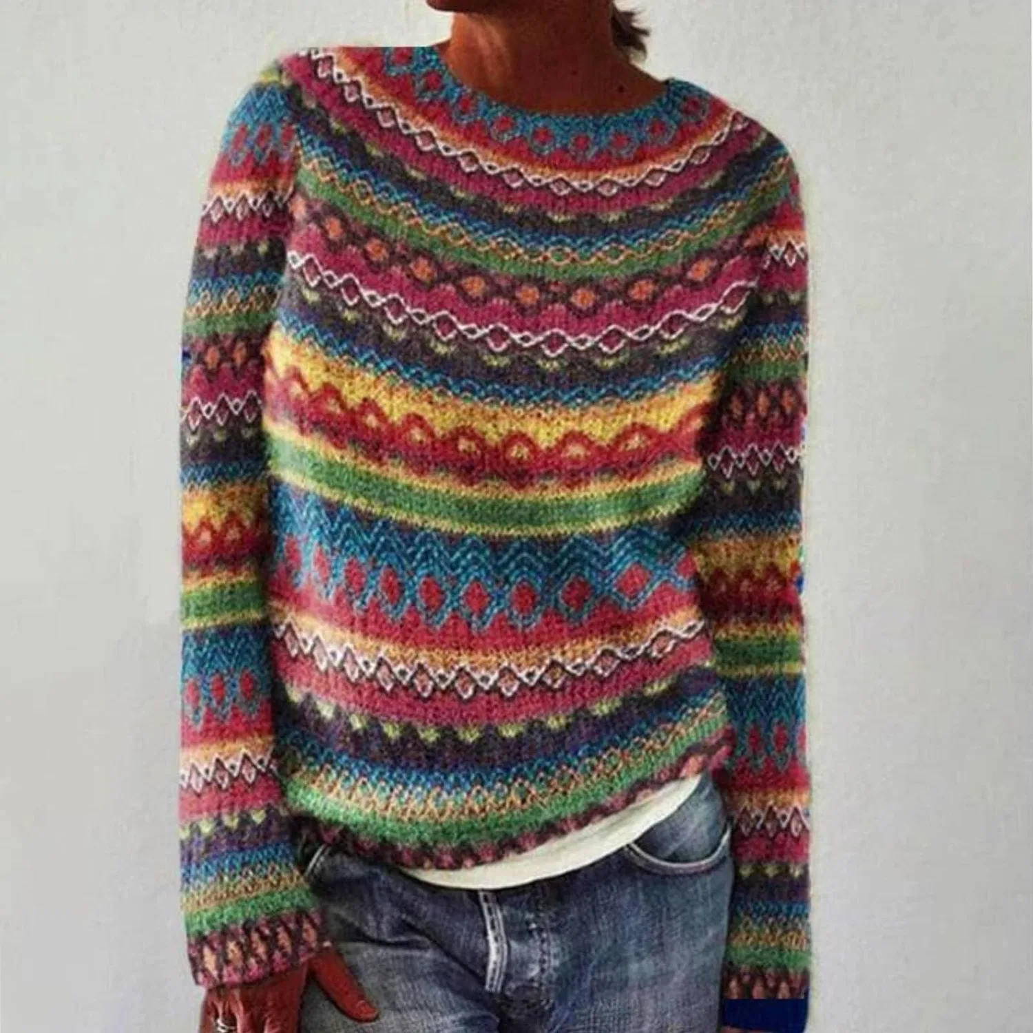 Женский свитер оверсайз с жаккардовым узором Fair Isle HUIFUAO, A10 Hot Pink — фото 2
