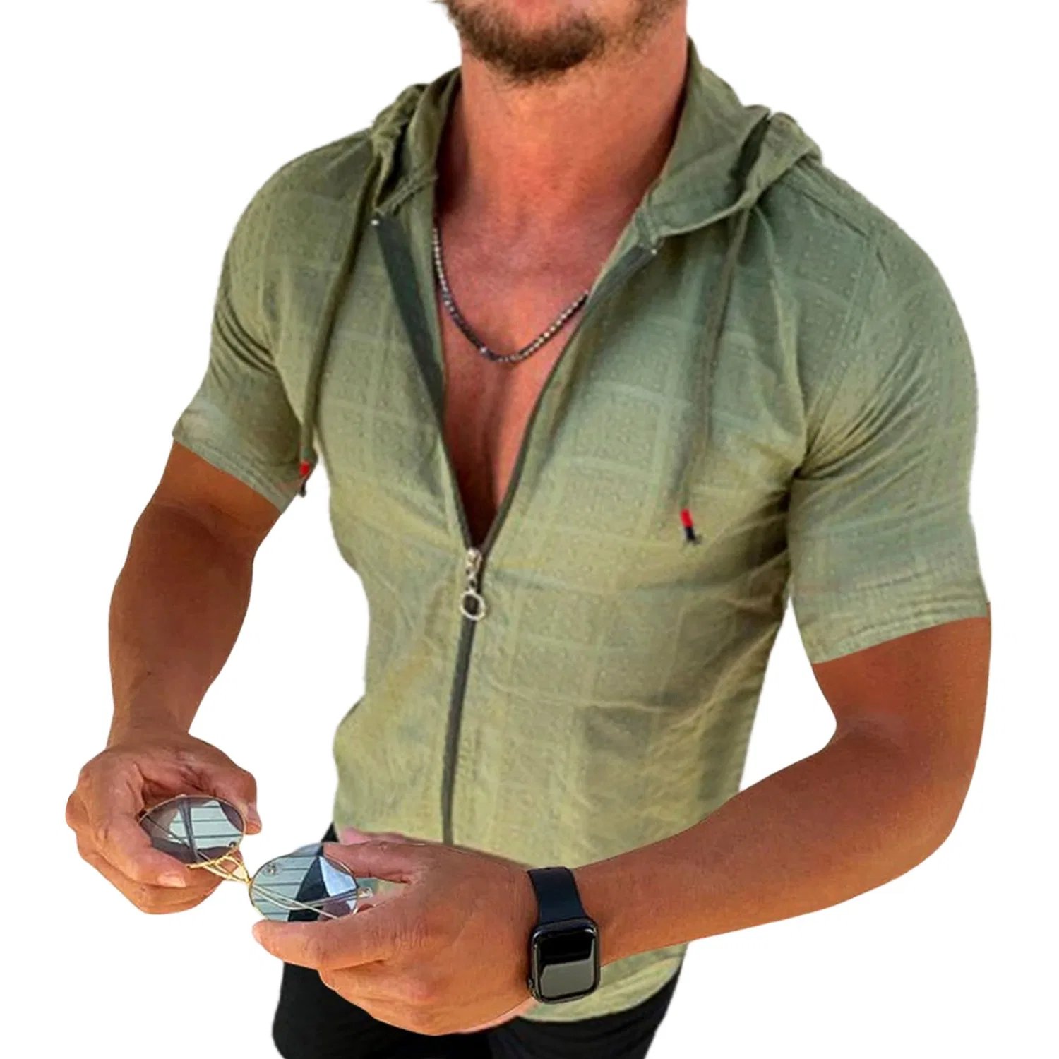 Мужской худи с коротким рукавом и капюшоном, slim fit, на молнии, Green