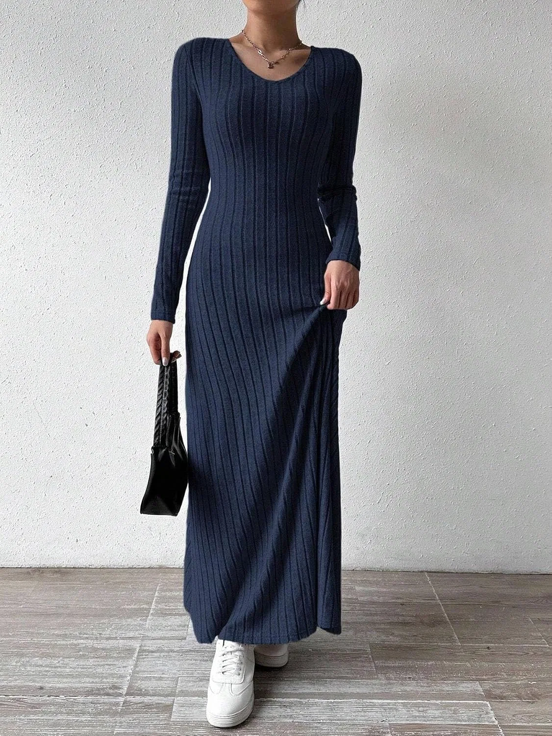 Женское платье A-line с V-вырезом длинное трикотажное, Navy Blue — фото 3