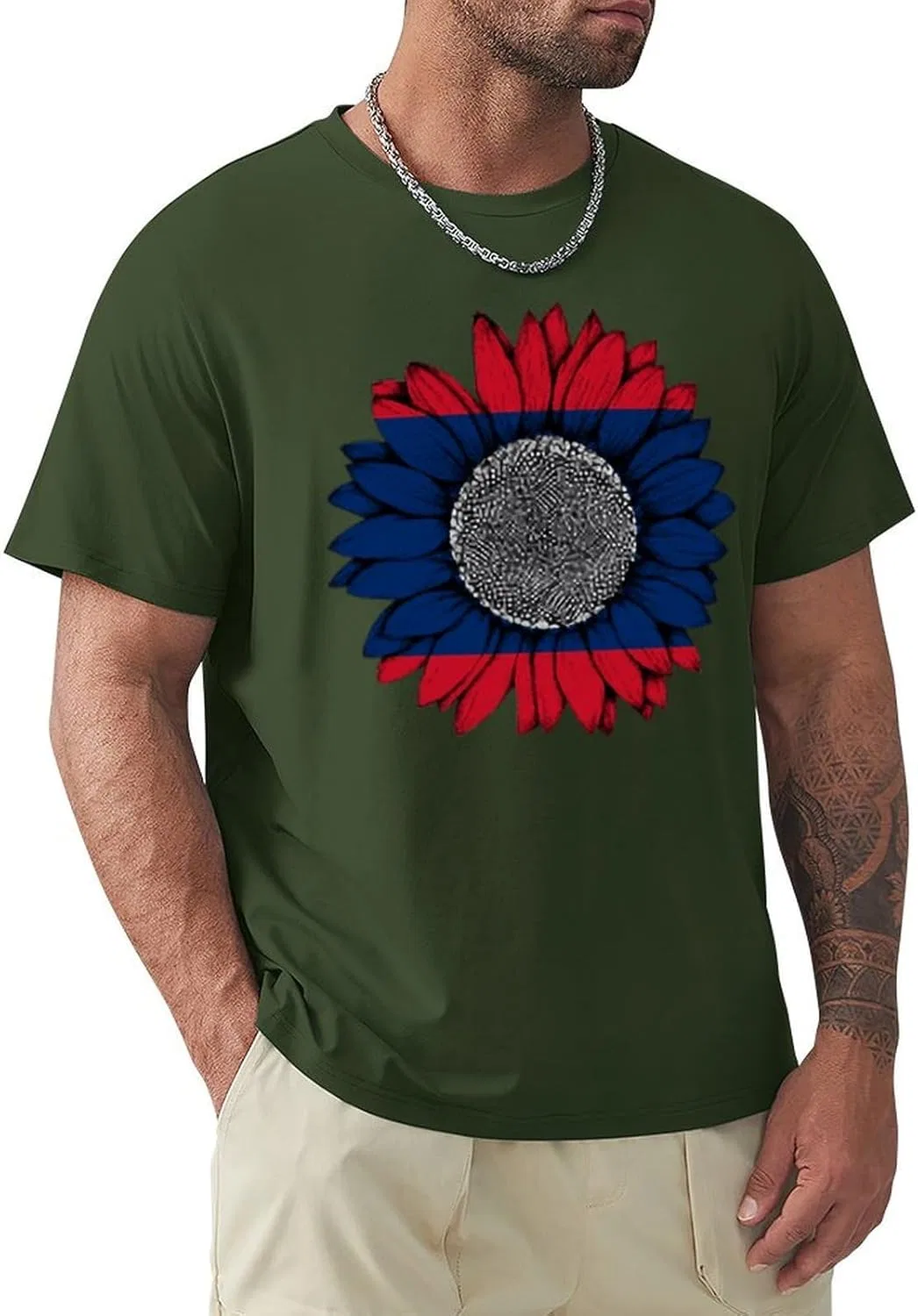 Мужская футболка с принтом флага, Vintage Sunflower Laos Lao, Army Green