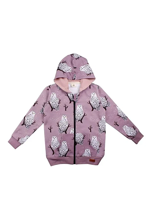 Детское худи для девочек органическое с принтом Owl patterned digital printed organic baby sweat jacket Walkiddy, Pink
