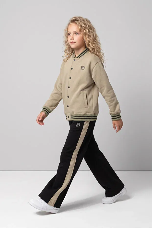 Детский спортивный комплект для девочек с широкими штанинами College Collar Wide Leg Tracksuit Set Black One, Green — фото 3