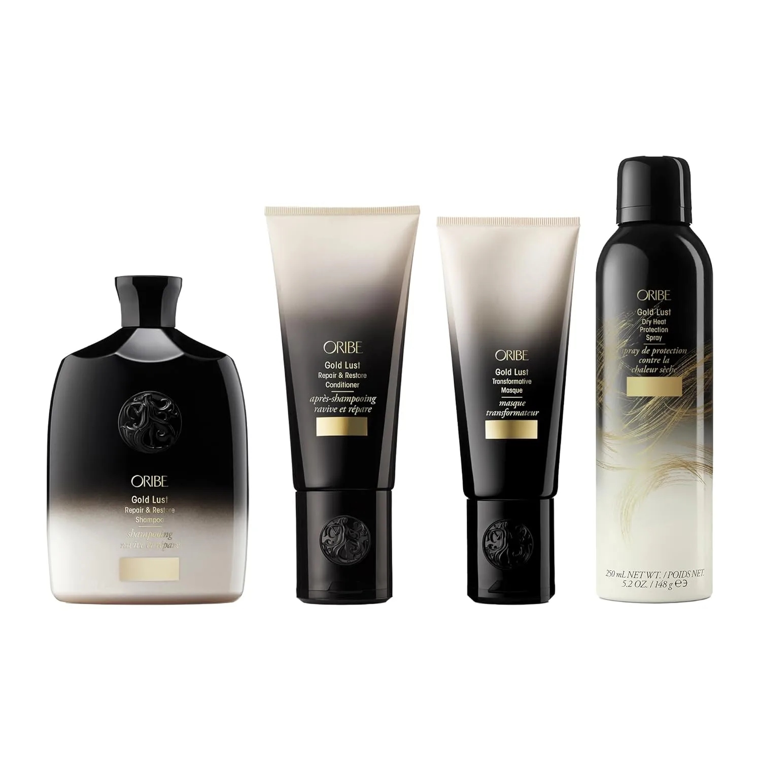 Набор ORIBE Gold Lust, включающий шампунь, кондиционер, маску и спрей для защиты от сухого тепла.
