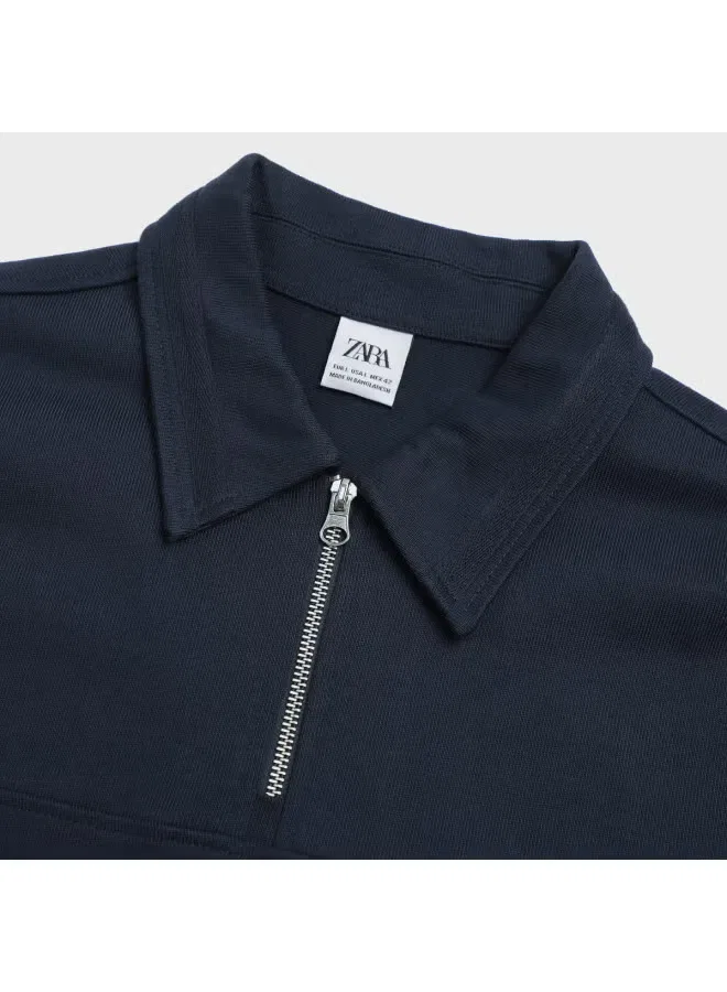 Поло мужское хлопковое с воротником Zara, темно-синий — фото 4