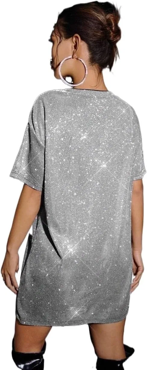 Женское мини-платье с пайетками свободного кроя Drop Shoulder, Silver — фото 2