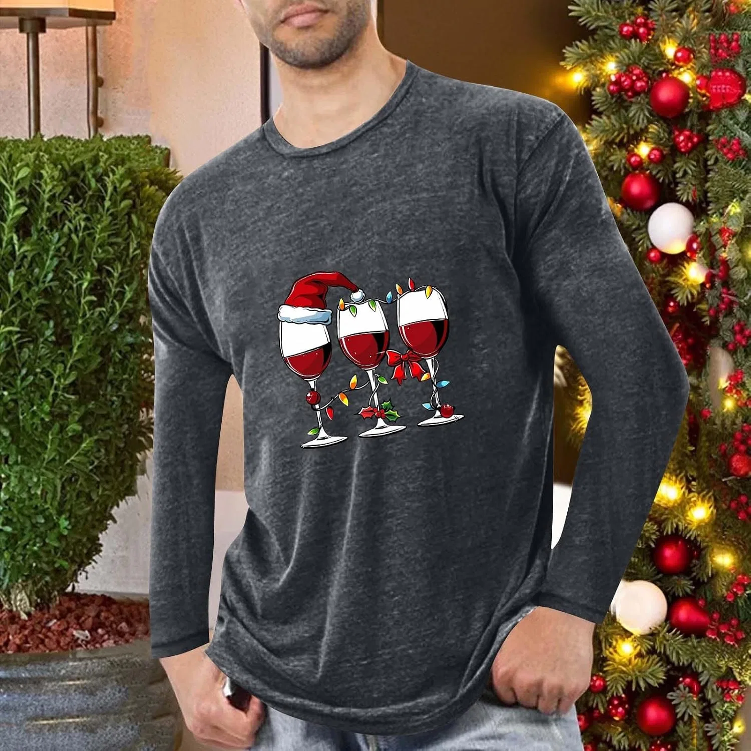 Мужская футболка с рождественским принтом, Long Sleeve, Gray — фото 2