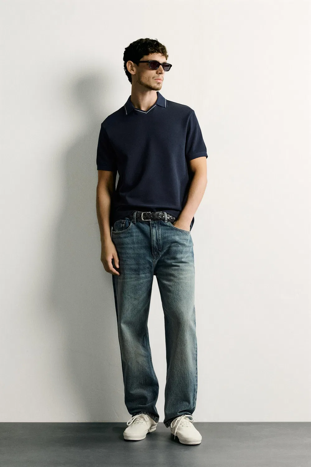 Контрастная рубашка-поло стандартного кроя ZARA, Navy blue