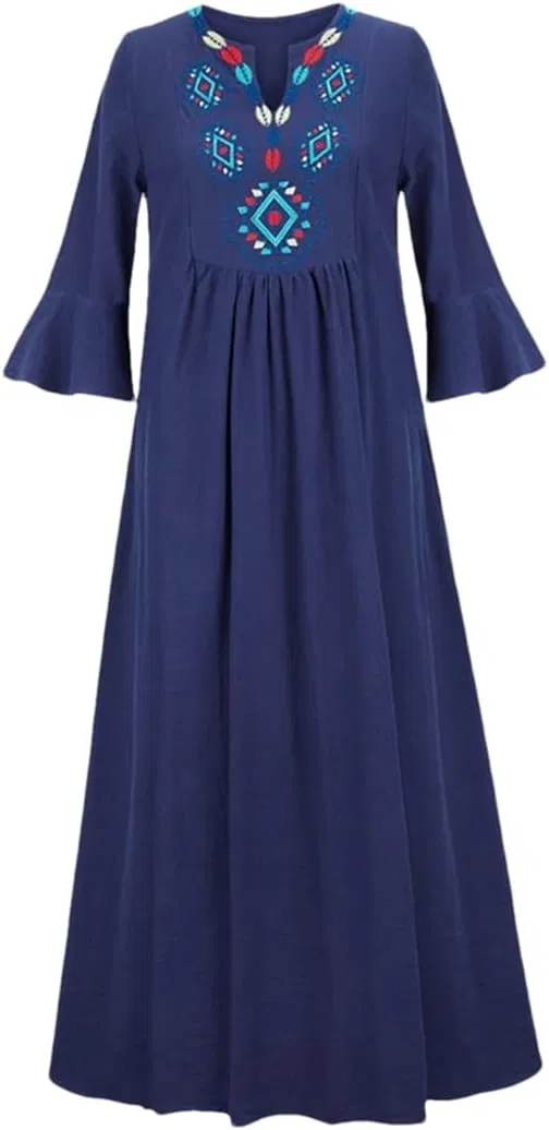 Женское свободное платье миди с вышивкой, Navy Blue