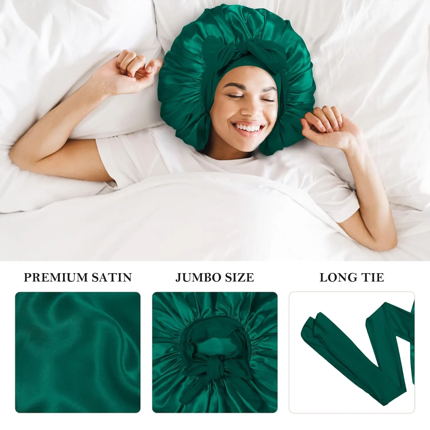 Шелковая шапочка для душа, Jumbo Satin Bonnet, Kafteri, набор 3 шт, 16.5 Inch, Black + Green + Pink — фото 3