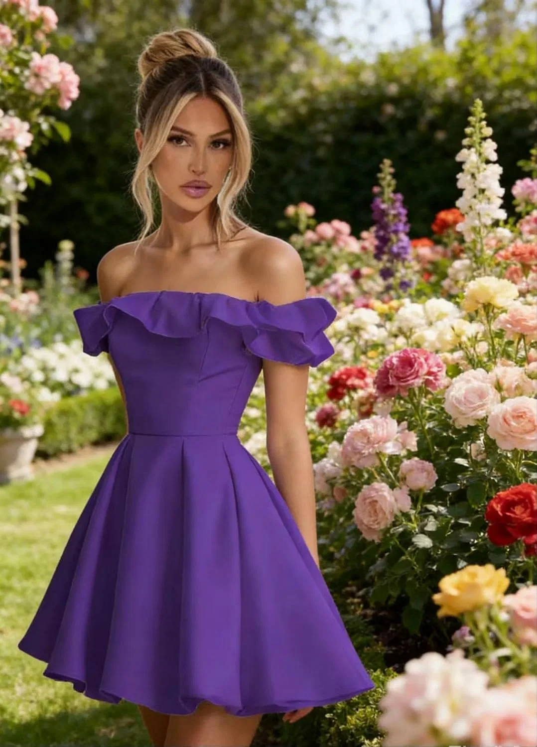 Женское атласное коктейльное платье с открытыми плечами и рюшами, Plum — фото 3