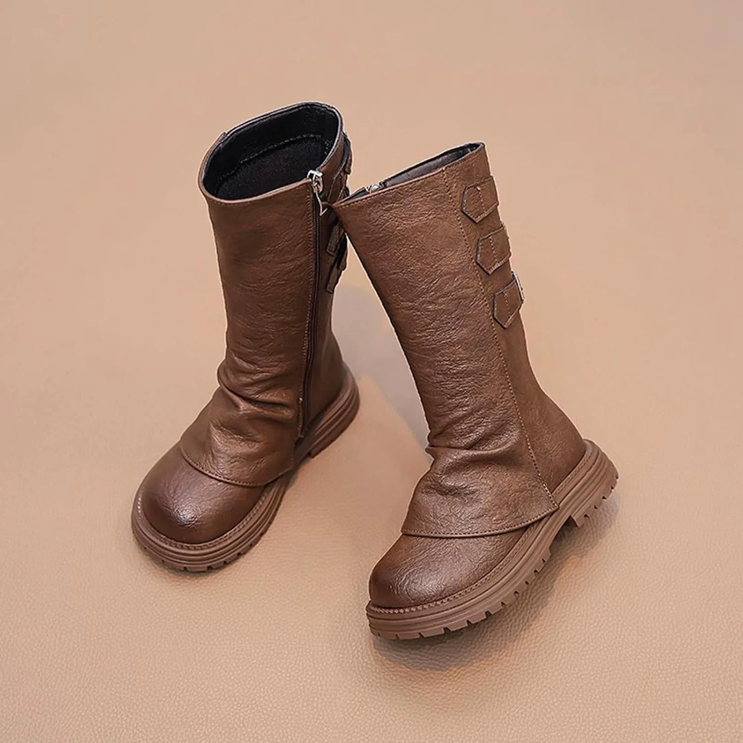 Детские ботинки для девочек с принтом, модель Girls Knee Length Boots Mid Calf Riding Boots PU Leather Zipper Punk Goth Boot Fall Winter Bowknot Combat Boot Little Big Kid, Khaki — фото 4