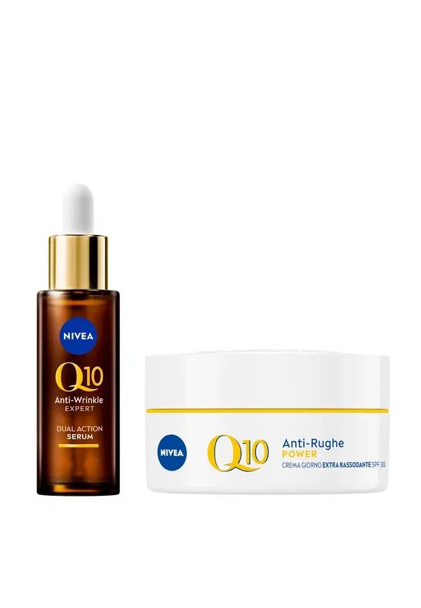 Набор антивозрастной сыворотки и крема Q10 siero doppia azione 30 мл e crema extra rassodante 50 мл Nivea, trasparent, прозрачный