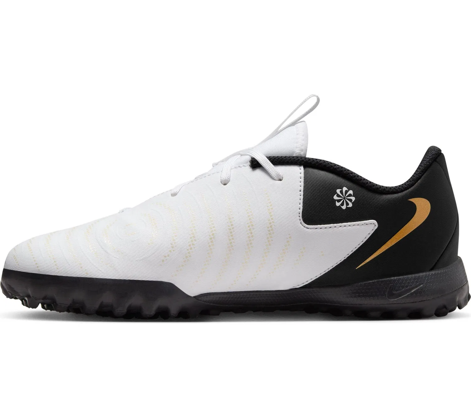 Детские бутсы футбольные для мальчиков с принтом Jr Phantom Gx Ii Academy Tf NIKE, White Black Mtlc Gold Coin — фото 3