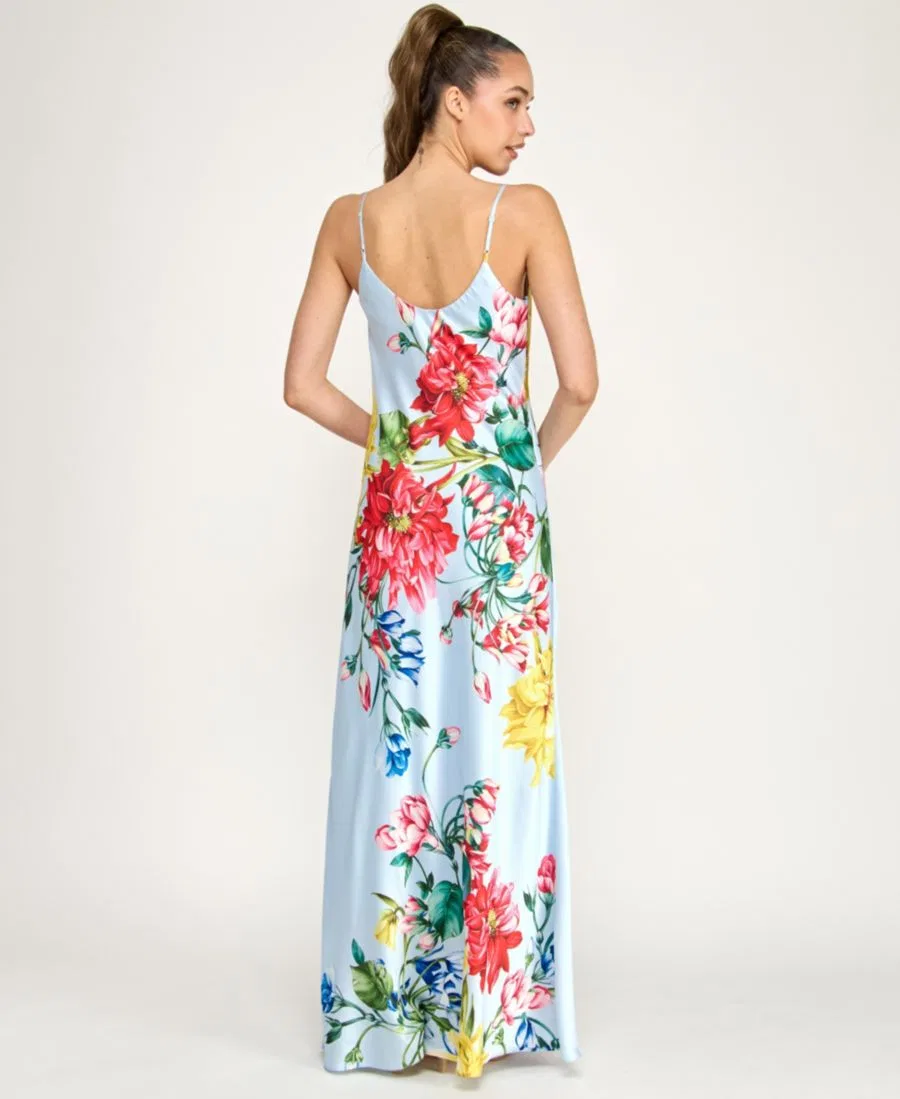 Платье-комбинация с запахом и принтом, модель Cowl Neck Printed Spaghetti Straps Satin Gown B Darlin, Lt Blue/Multi — фото 4