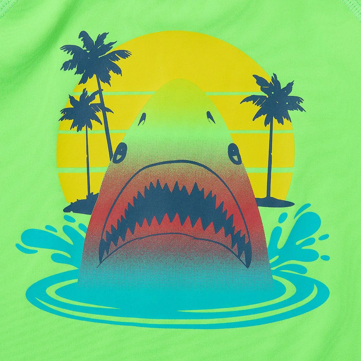 Детский комплект рашгарда и плавок с принтом Chlorine Resistant Short Sleeve UPF 50 Rash Guard Swim Trunk Set Lands' End, Neon Green Sharks — фото 2