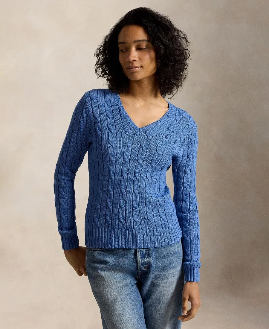 Свитер с V-образным вырезом из хлопка с косами Polo Ralph Lauren, Nimes Blue