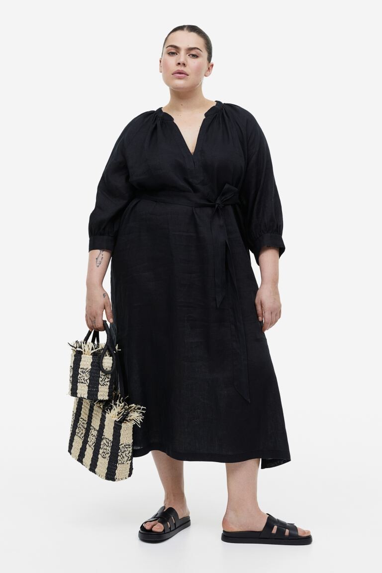 

Льняное платье с поясом на завязках H&M, черный