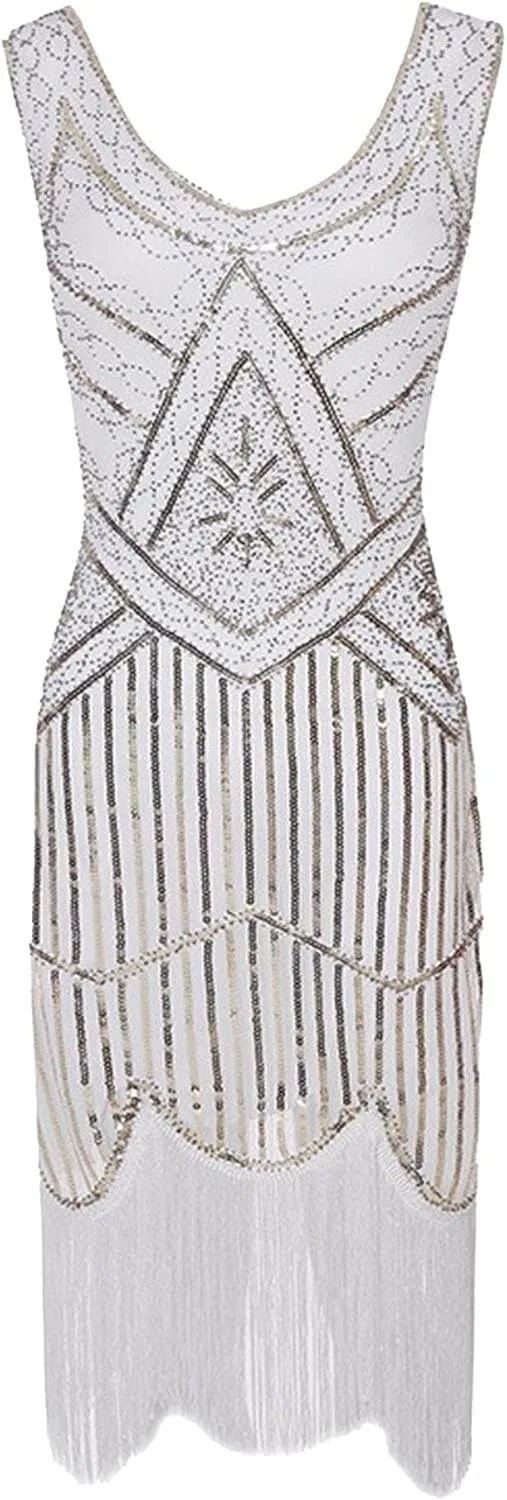 Женское платье для коктейля с бахромой, 1950s Vintage Sequin Tassel Dress, белый