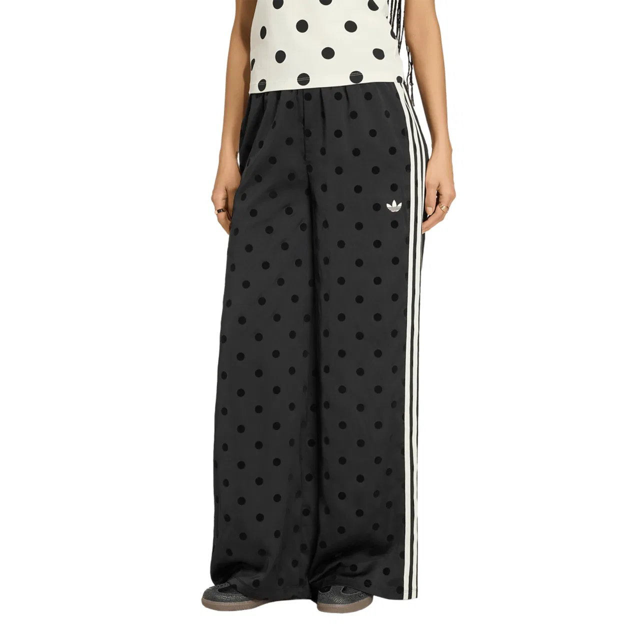 Женские брюки широкого кроя из атласа в горошек Satin Polka Dots Wide Leg Pants Adidas, черный/белый