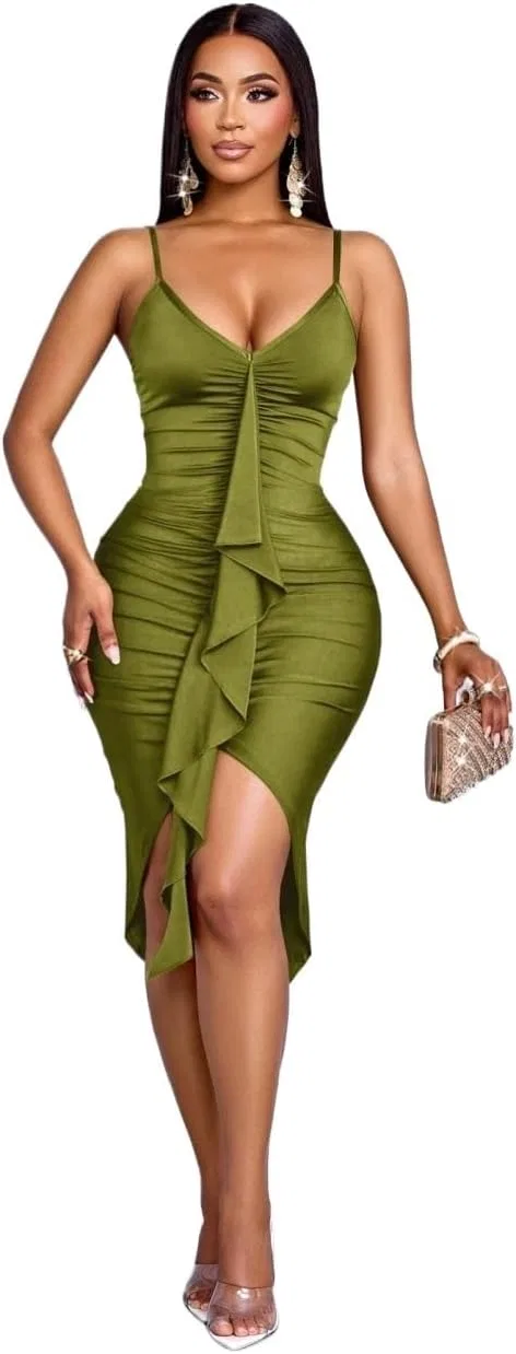 Женское миди-платье с плиссе спереди Casual, Green