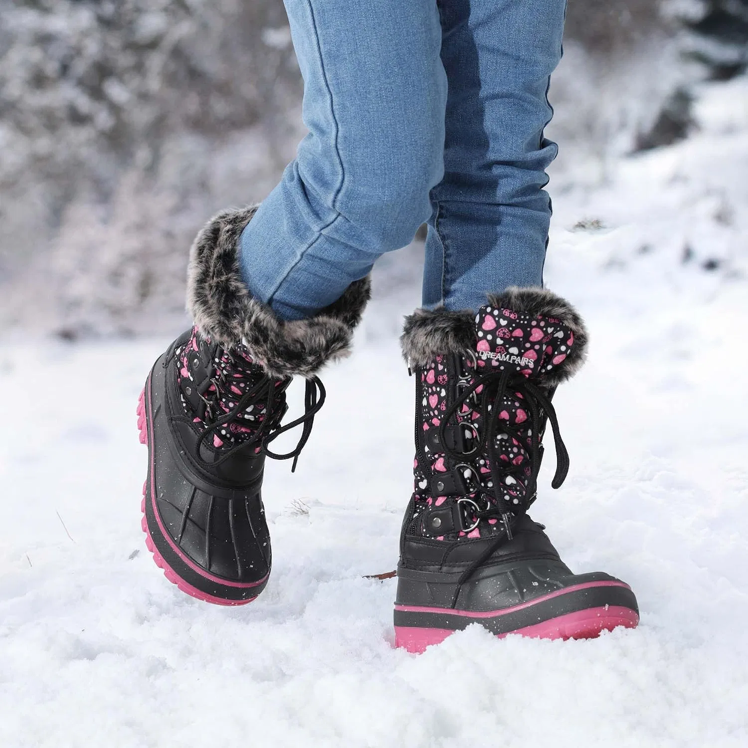 Детские зимние сапоги для девочек с защитой от снега DREAM PAIRS, Black/Pink — фото 2