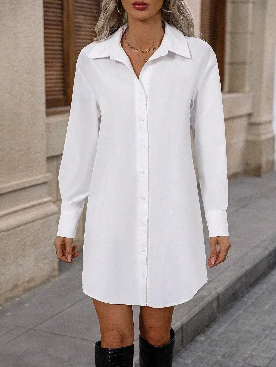 Женское свободное платье-рубашка с длинным рукавом, White — фото 4