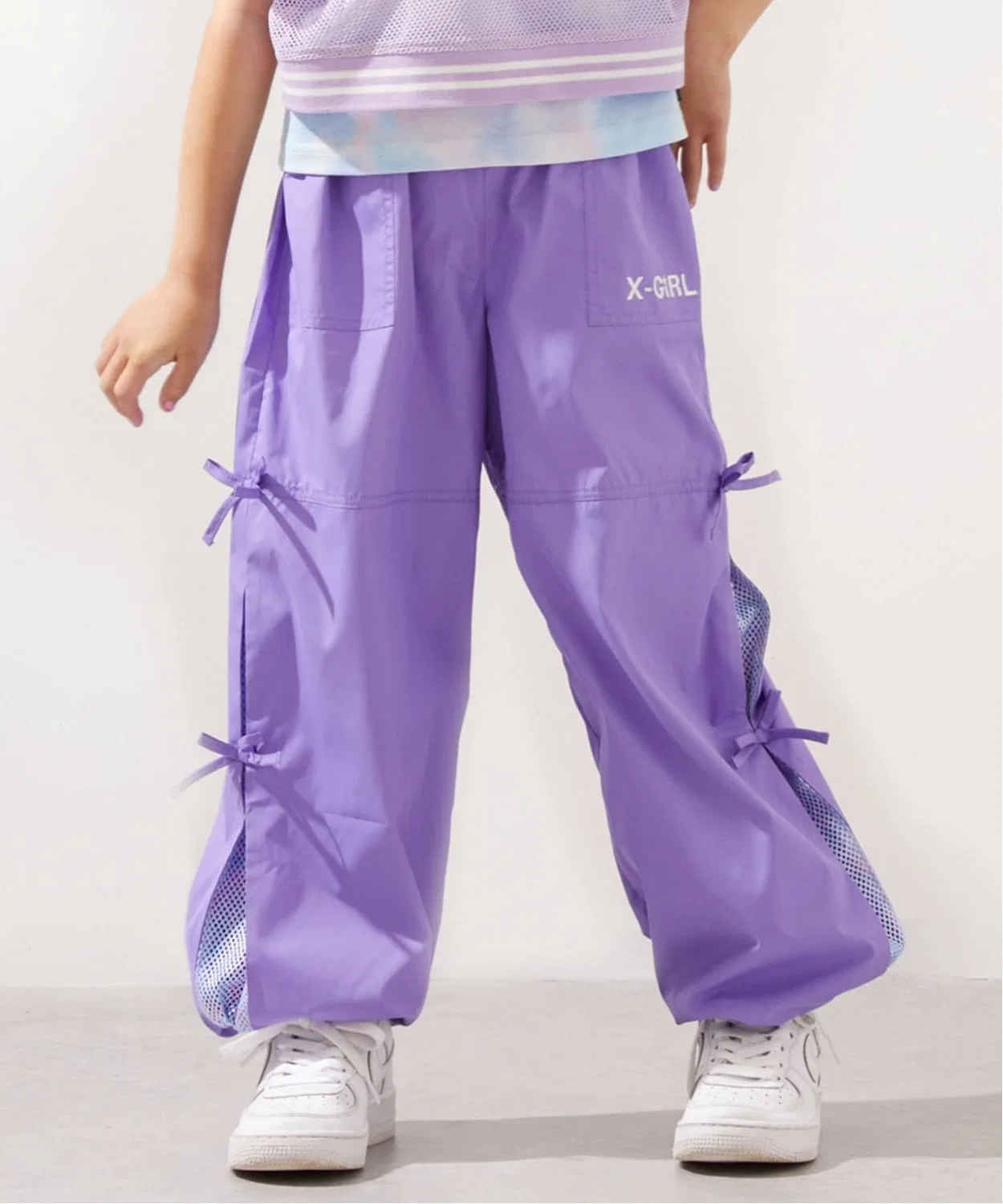 Детские шорты-парашюты с боковыми разрезами, с принтом X-girl Stages, Purple