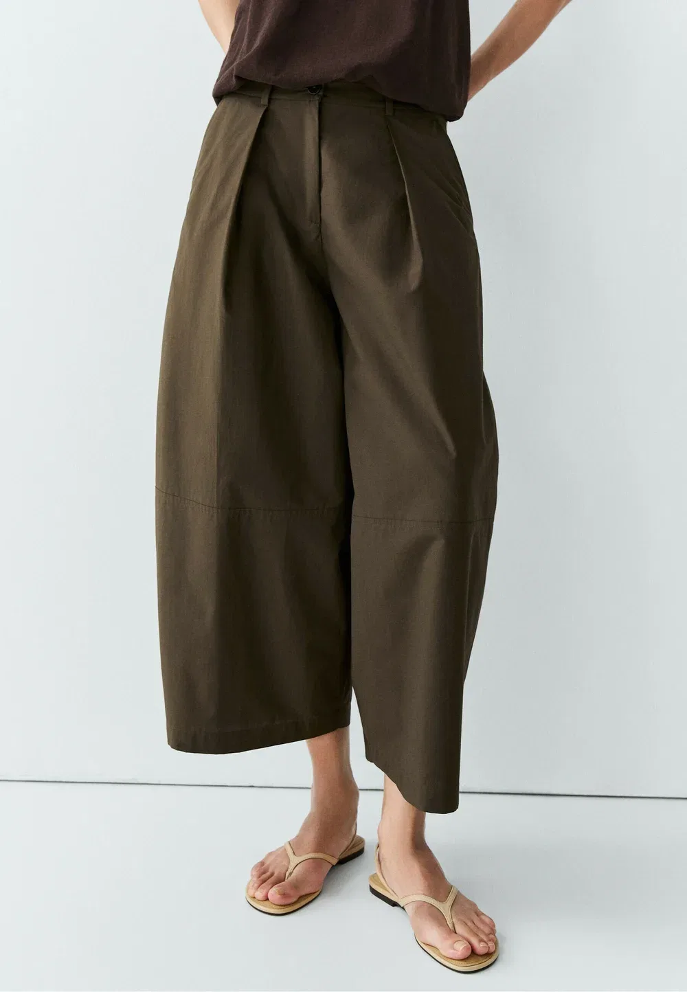 Брюки с широкими штанинами из смесовой хлопковой ткани поплин Massimo Dutti, Khaki