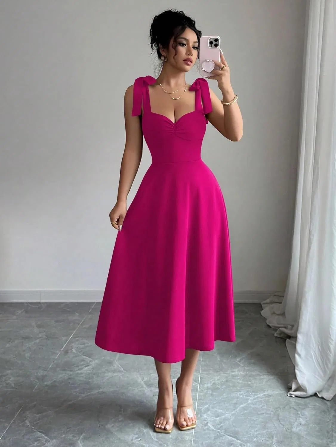 Женское элегантное платье миди с асимметричным вырезом, Hot Pink — фото 4