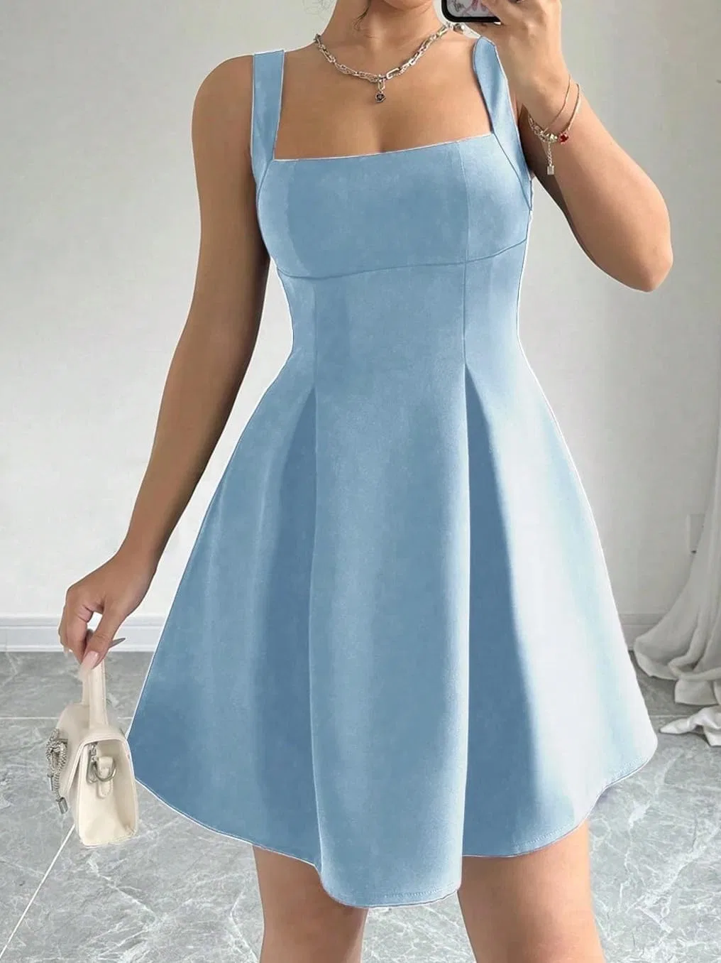 Женское повседневное платье A-силуэта с завышенной талией Square Neck, Blue — фото 4