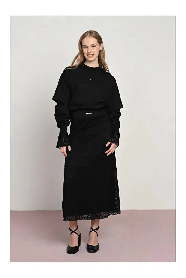 Детские свитшот для девочек с кружевной манжетой My Lorin Kids Store, Black — фото 2