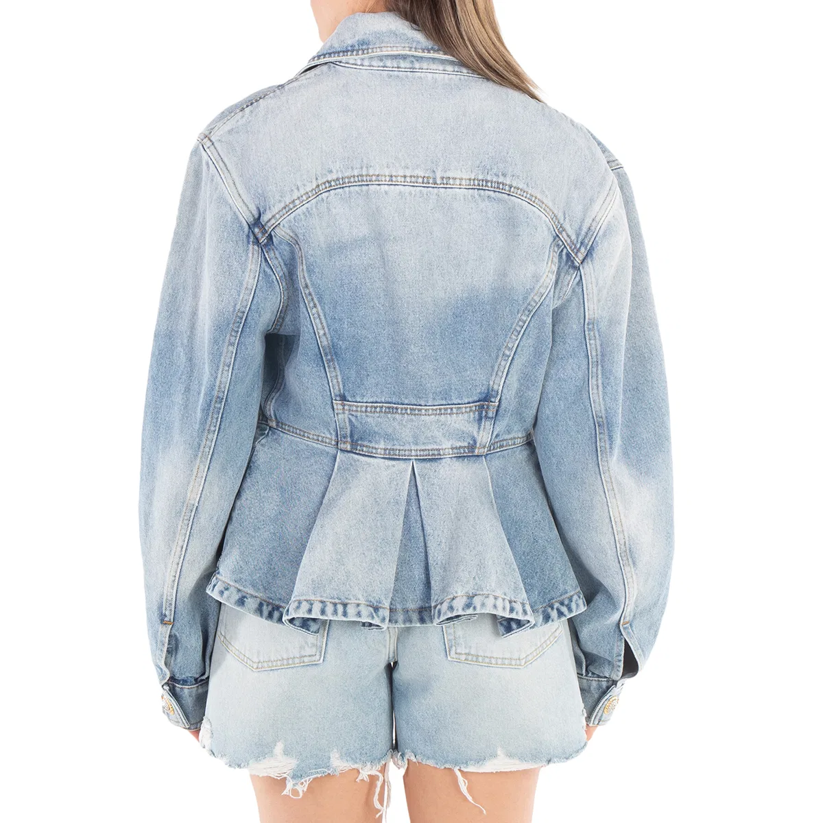 Жакет из денима с плиссировкой Logo-Buttons Pleated Denim Blazer Balmain, Bleu Jean Clair — фото 4